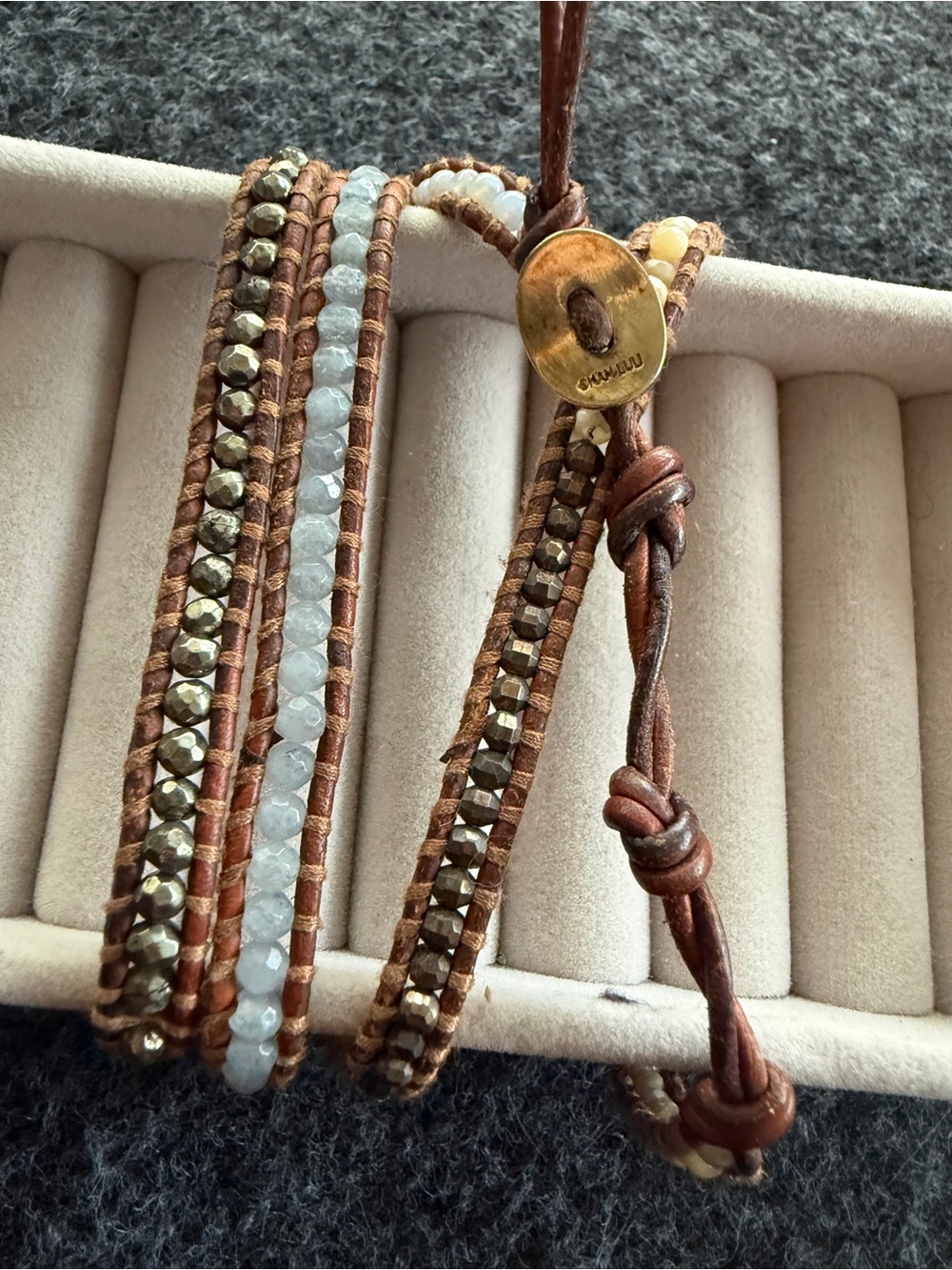 Chan Luu Layered Leather Wrap Bracelet with Metallic & White Beads